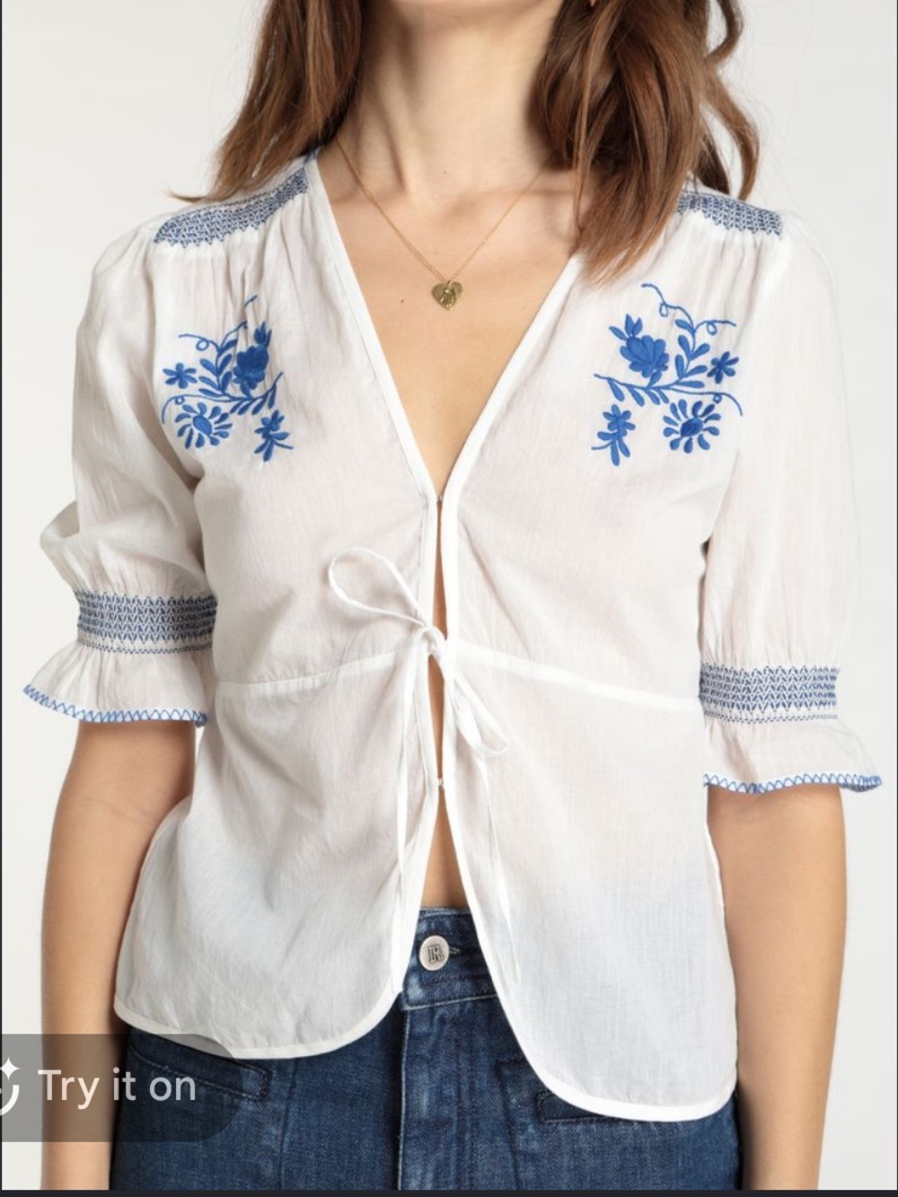 Rouje White Blue Embroidered Blouse Sz 38